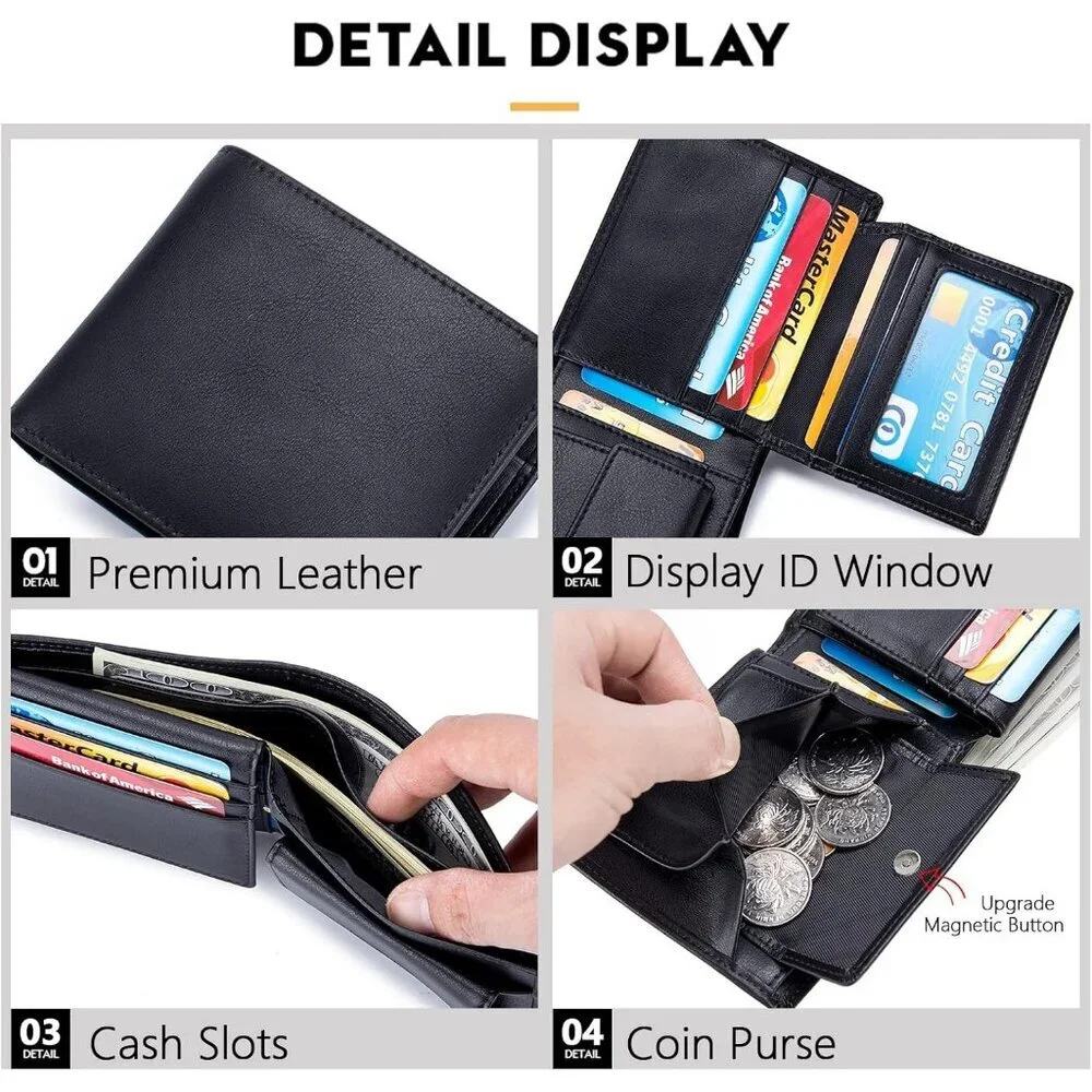 Men's Blue Front Coin Pocket Flip Up Leather Wallet Card Blocking Slim Bifold